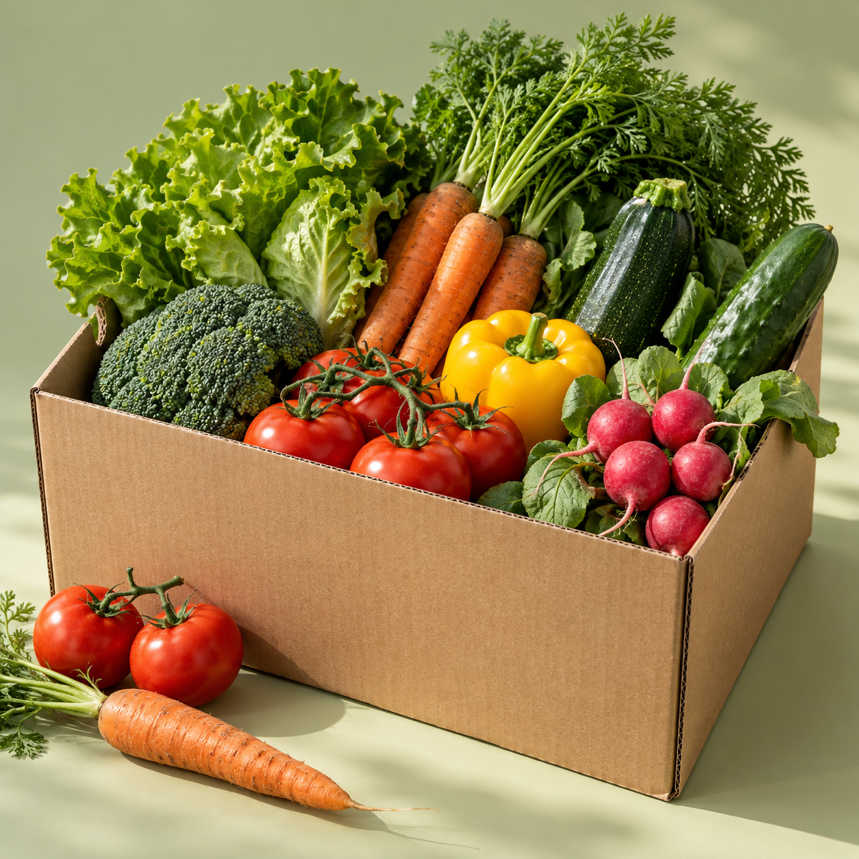 An illustrative box filled with colourful vegetables, including carrots, tomatoes, lettuce and peppers
